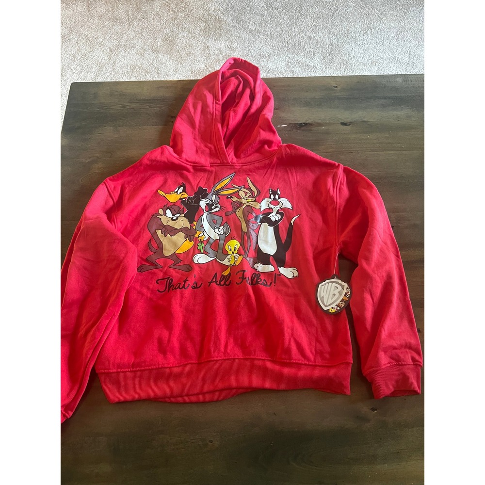 Looney Tunes Red Graphic Hoodie Thats All Folks Bugs Bunny Taz Mens Medium NWT